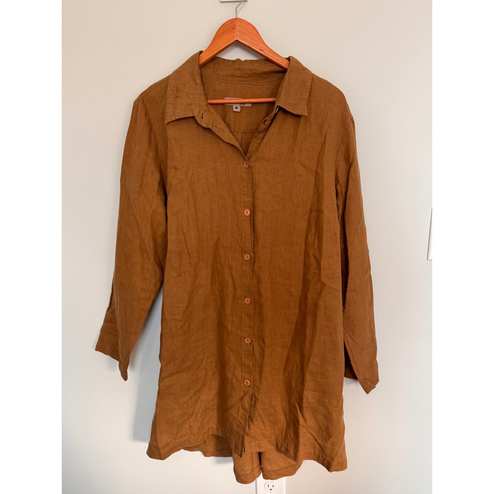 FLAX | Button Down Tunic Women M Brown 100% Linen Long Sleeve Lagenlook Shirt